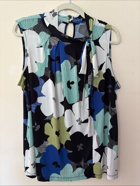 Sleeveless Floral Tie-Neck Blouse in Blue, Black, Green & White